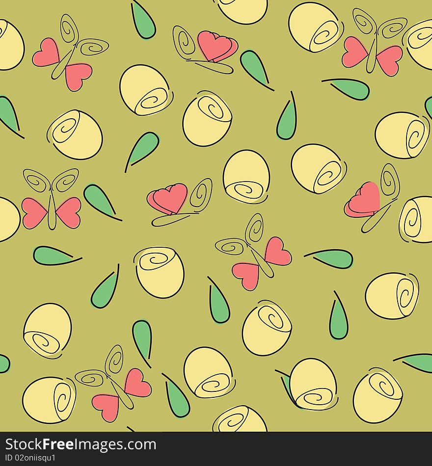 Background with flowers and butterflies on green