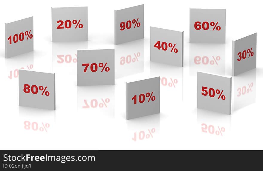 A 3D illustation showing discounts in red and white with reflections