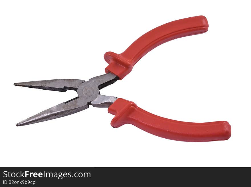 Flat-nose pliers with red handle isolated on the white. Flat-nose pliers with red handle isolated on the white