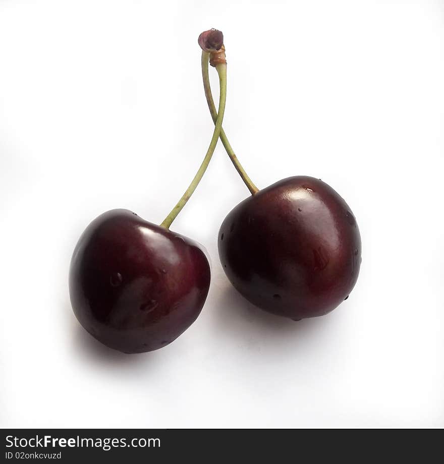 Two cherries on a white background