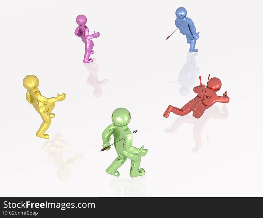 White reflective background with colored mans protruded by arrows. White reflective background with colored mans protruded by arrows.