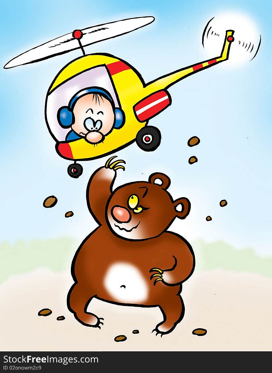 The bear tries to seize the helicopter with man. The bear tries to seize the helicopter with man