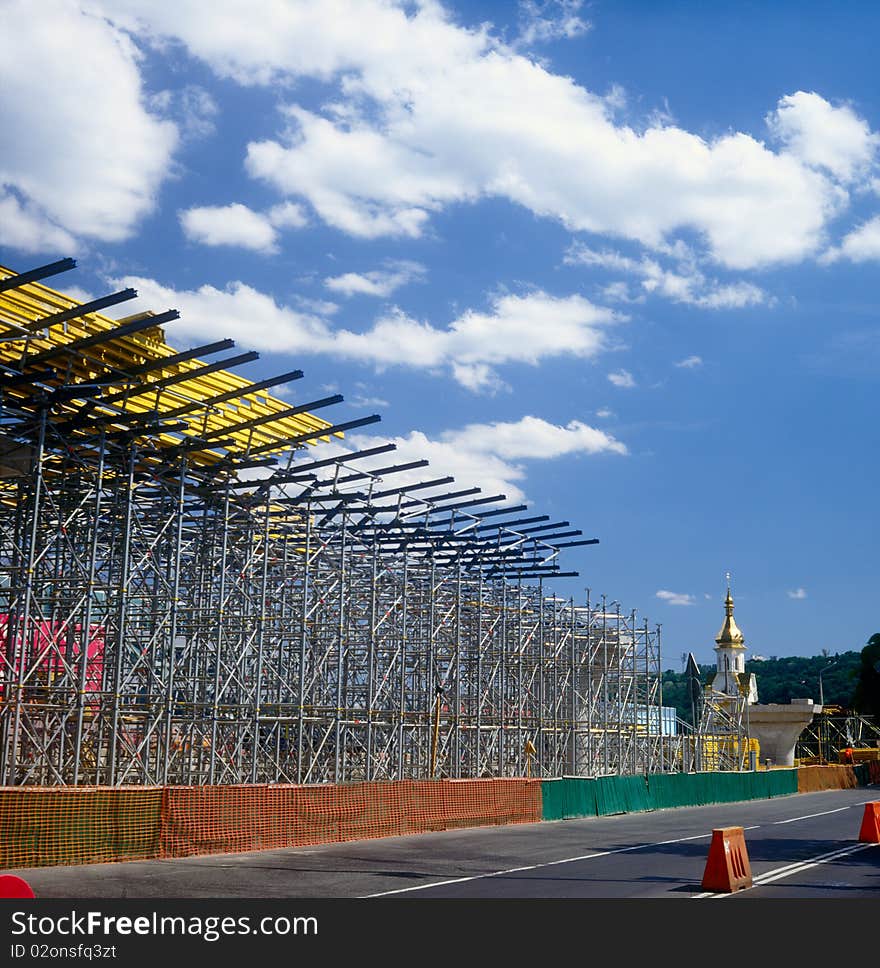 Steel and aluminum construction frame on the construction site. Construction of a new highway bridge in Kyiv, Ukraine. No sharpening has been applied.