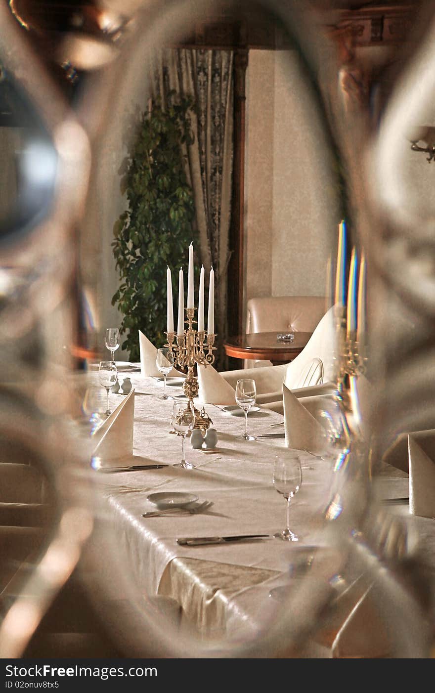 Reflection of interior of restaurant in miror in classical style. Reflection of interior of restaurant in miror in classical style