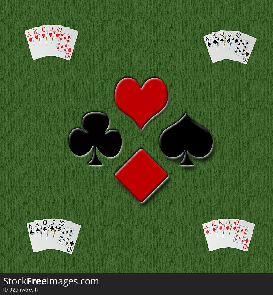 Poker table setting showing Royal flush with all four suites