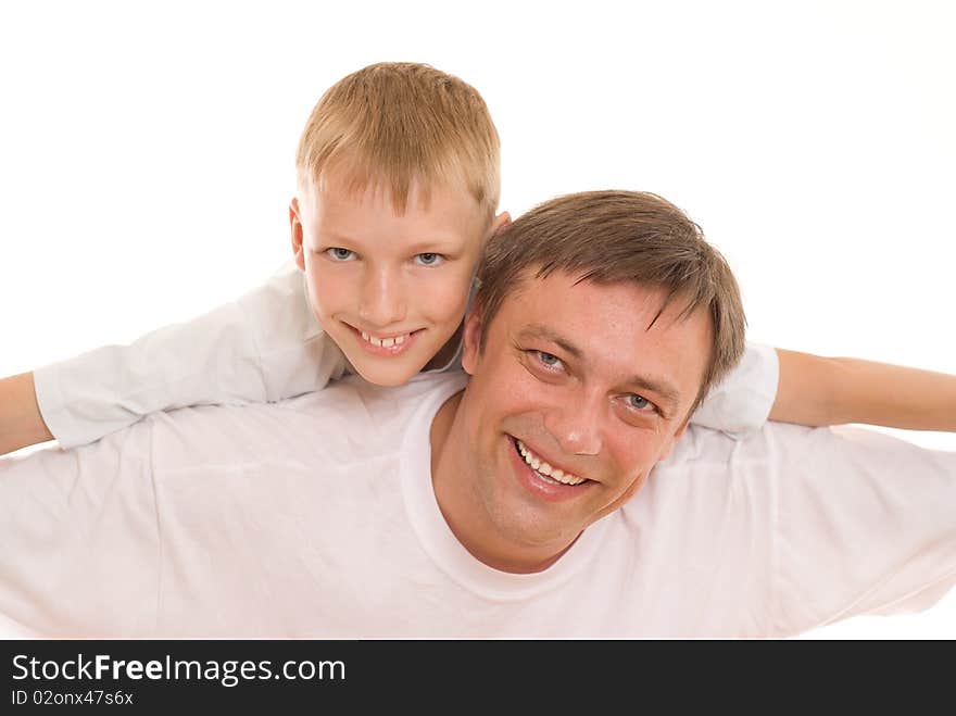 Happy father and son on a white