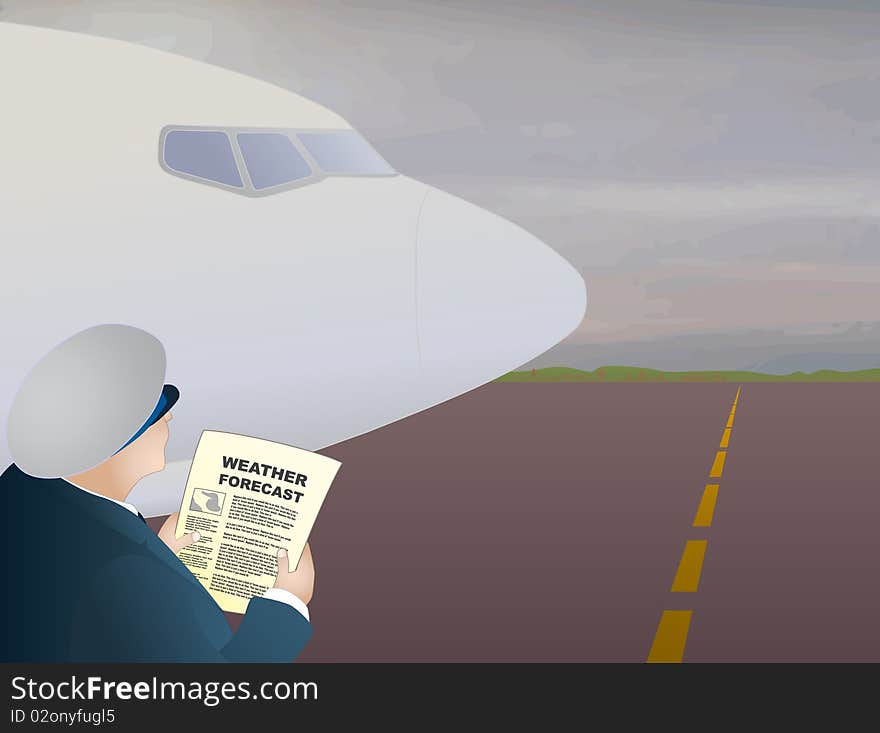 Pilot in a uniform staying near a plane and reading some paperwork (weather forecast, but may be flight plan, notification etc) before a flight. Pilot in a uniform staying near a plane and reading some paperwork (weather forecast, but may be flight plan, notification etc) before a flight.