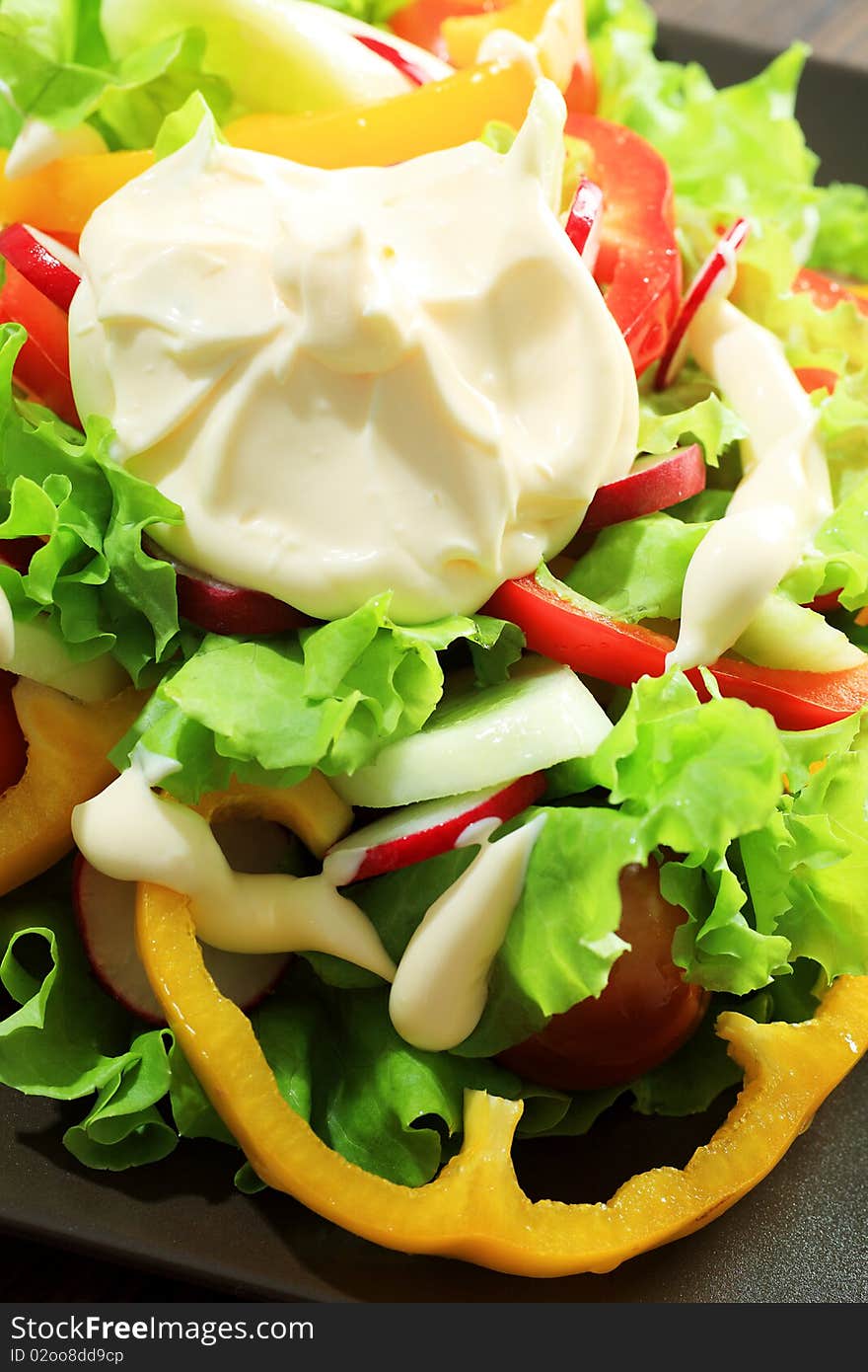 Fresh vegetable salad dressed with mayonnaise. Fresh vegetable salad dressed with mayonnaise.