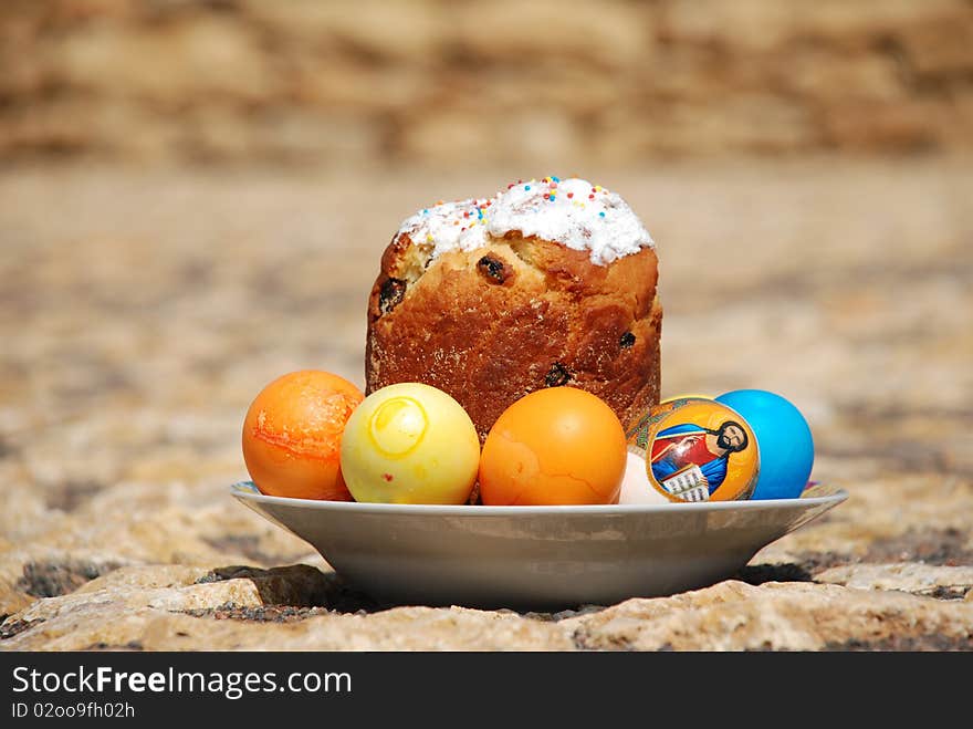 Easter cake with colored eggs. Easter cake with colored eggs