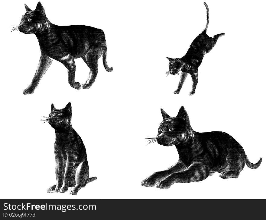 A 3d sketch rendering of a cat in four different poses. A 3d sketch rendering of a cat in four different poses.