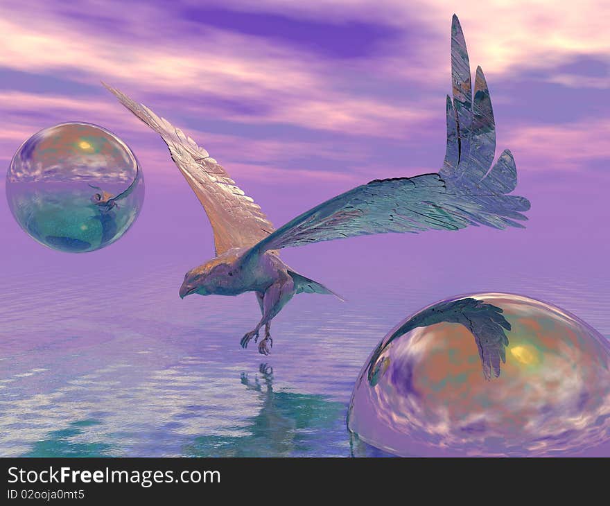 A 3d rendering of a metal eagle in flight just above the surface of the water.