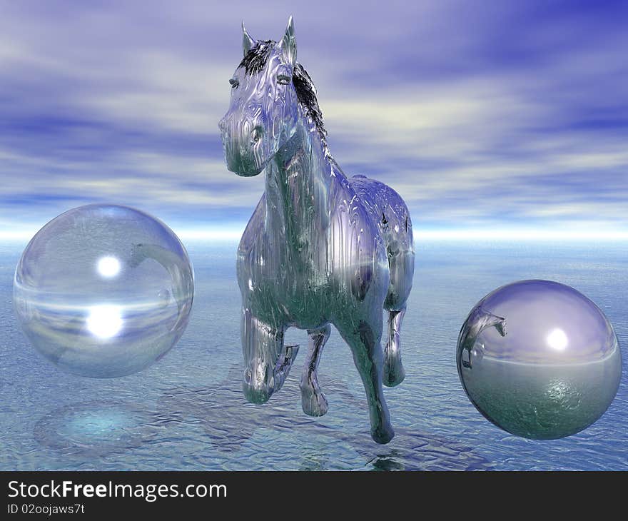 A 3d render of a metal horse running on water.