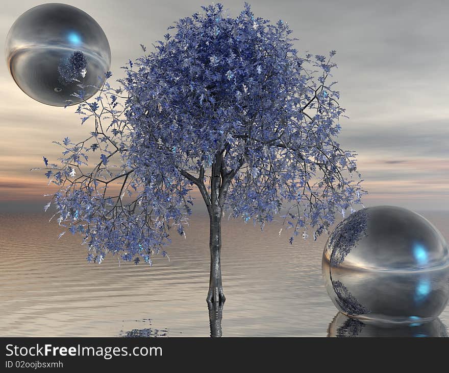 A 3d render of a metal oak tree.