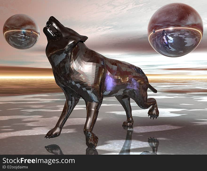 A 3d render of a metal wolf howling.