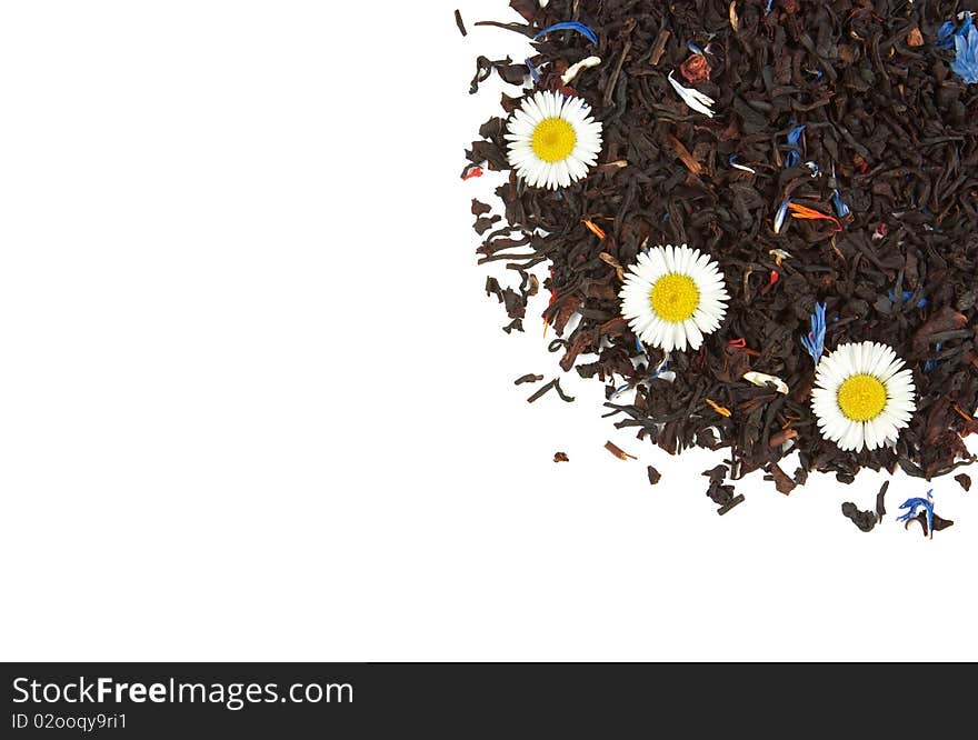 Three small camomile flowers on the dry tea leaves background