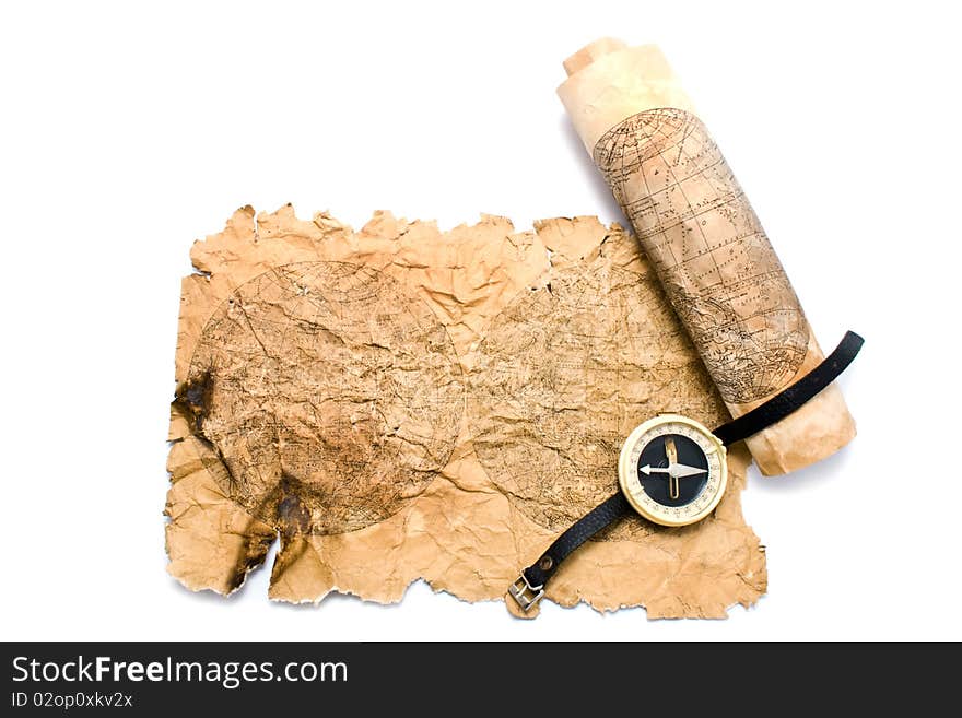 Compass and maps on a white background