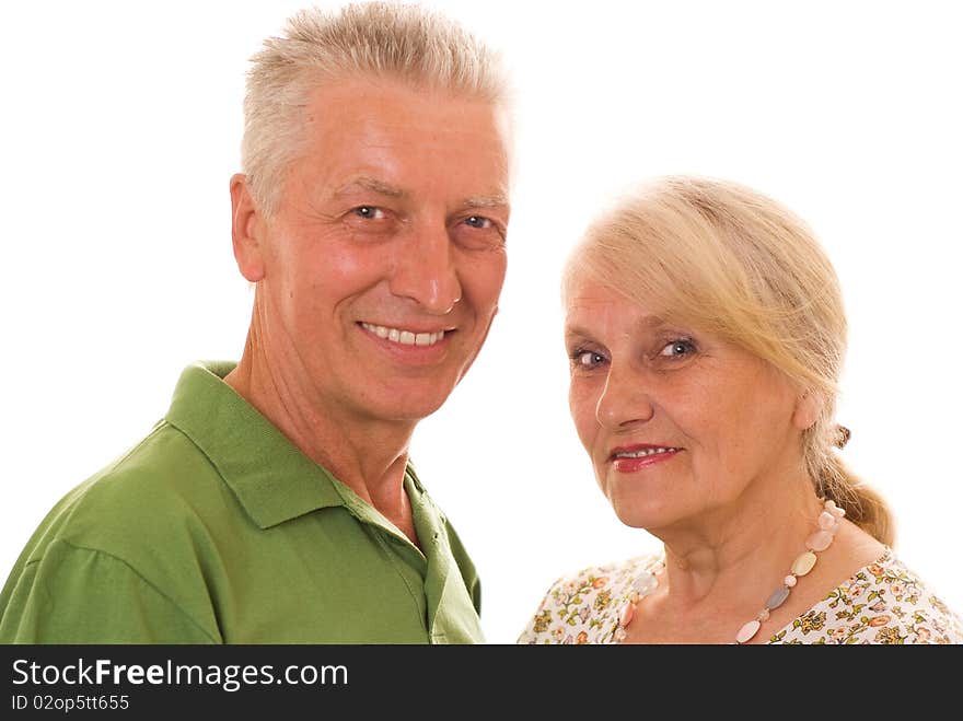 Happy elderly couple together on a white background