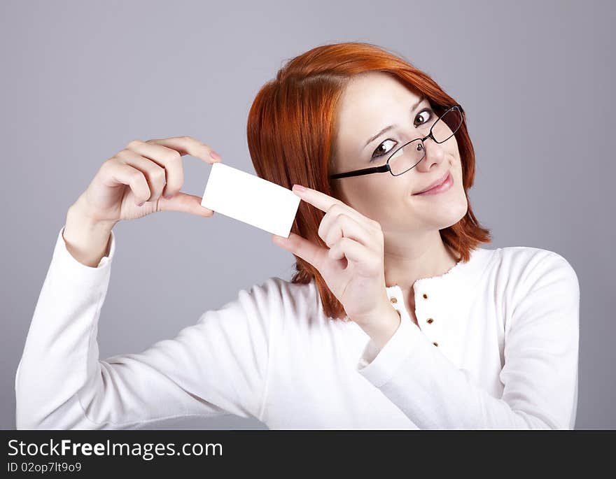 Portrait of an young beautiful happy woman with blank white card. Portrait of an young beautiful happy woman with blank white card