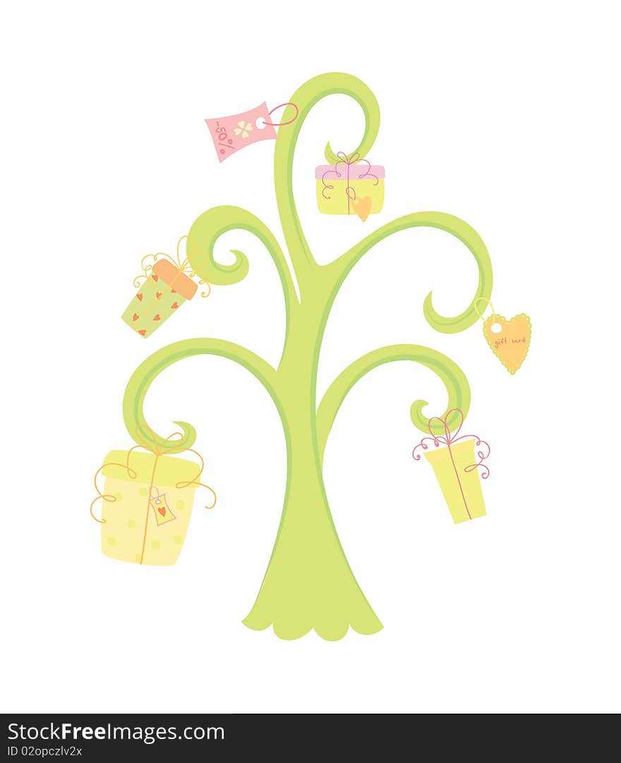 Cute tree with gifts, isolated