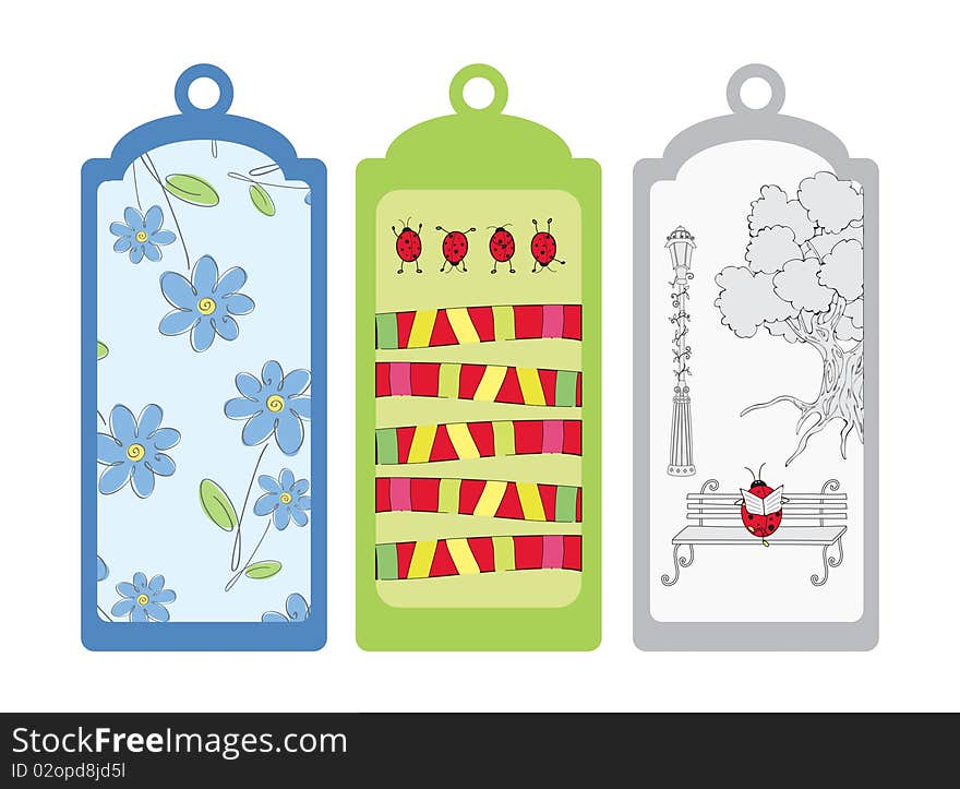 Three cute bookmarks with flowers and ladybugs. Three cute bookmarks with flowers and ladybugs