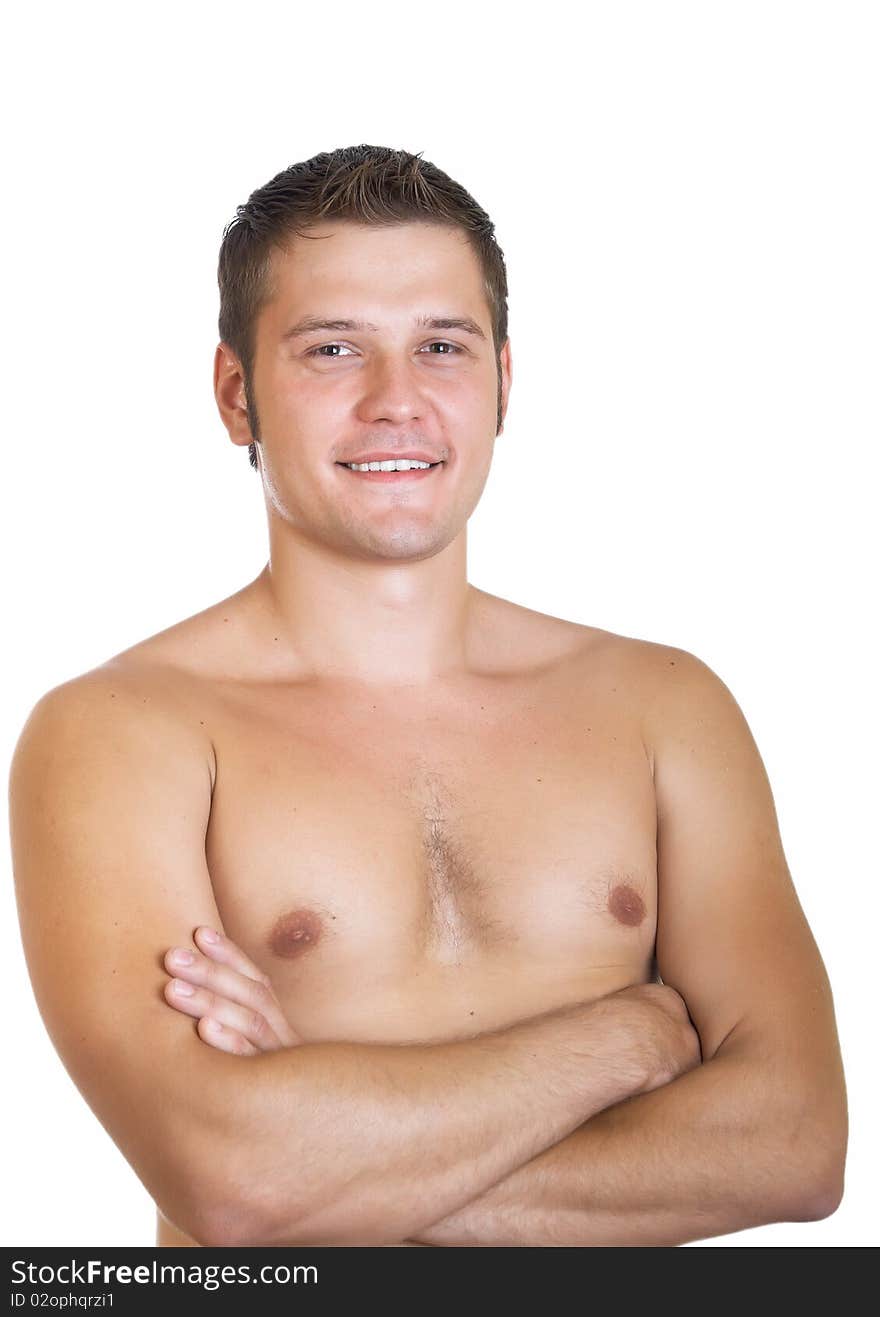 Young happy muscular man isolated on a white background. Young happy muscular man isolated on a white background