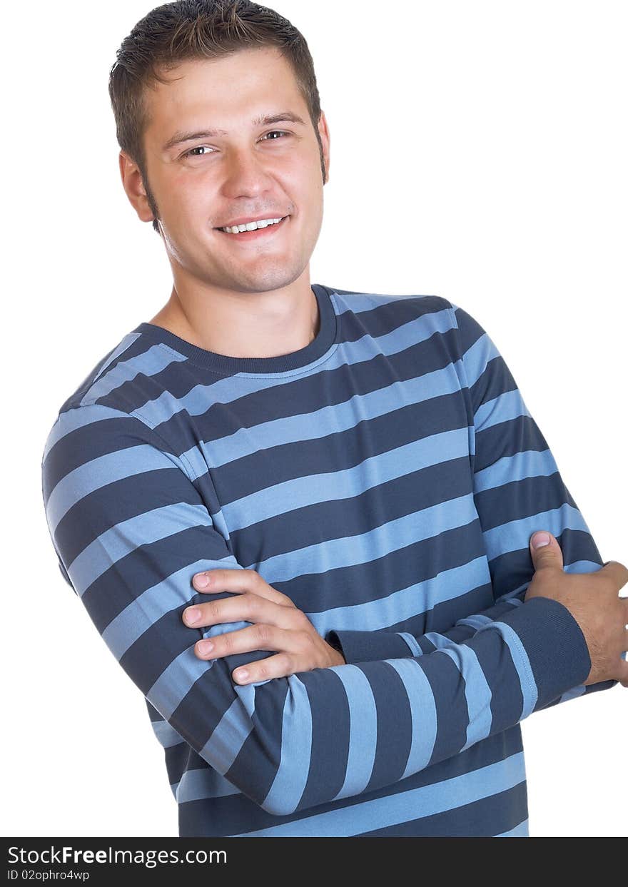 Portrait of young man with hands folded isolated on white background