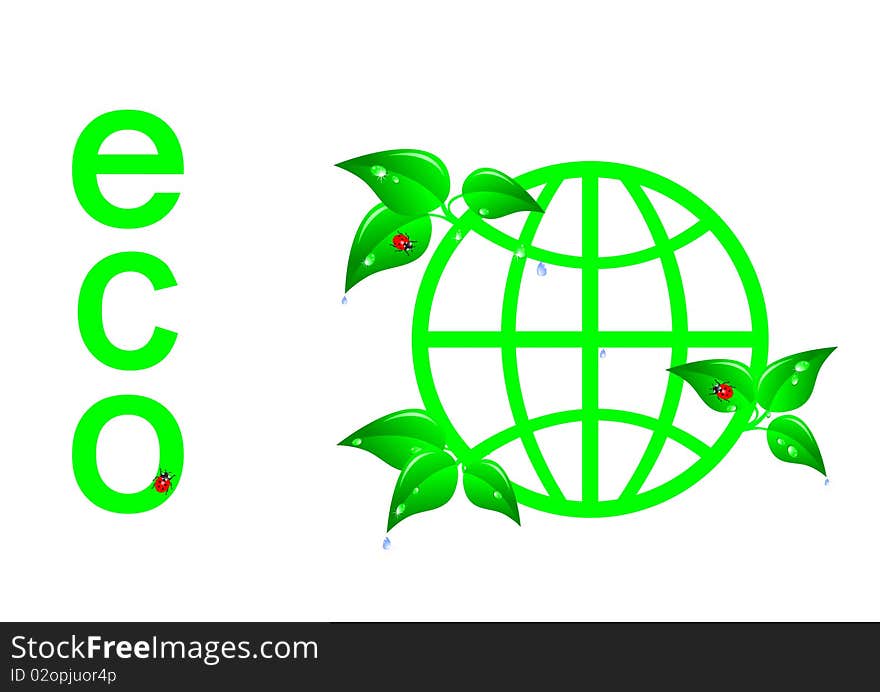 Green ecology concept, globe with leaves and ladybugs. Vector.