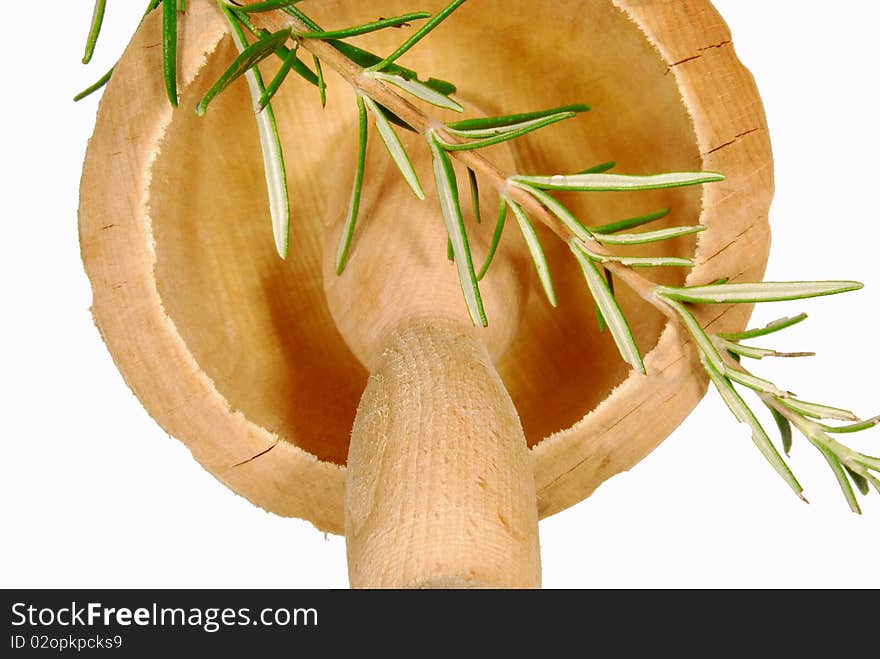 Mortar and pestle with rosemary