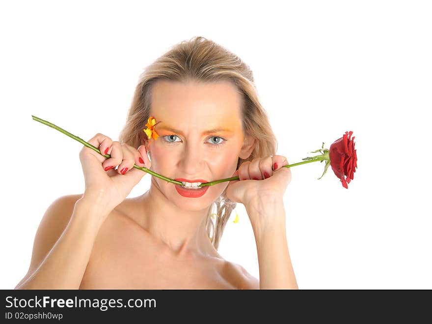 Young woman bites flower stalk isolated in white