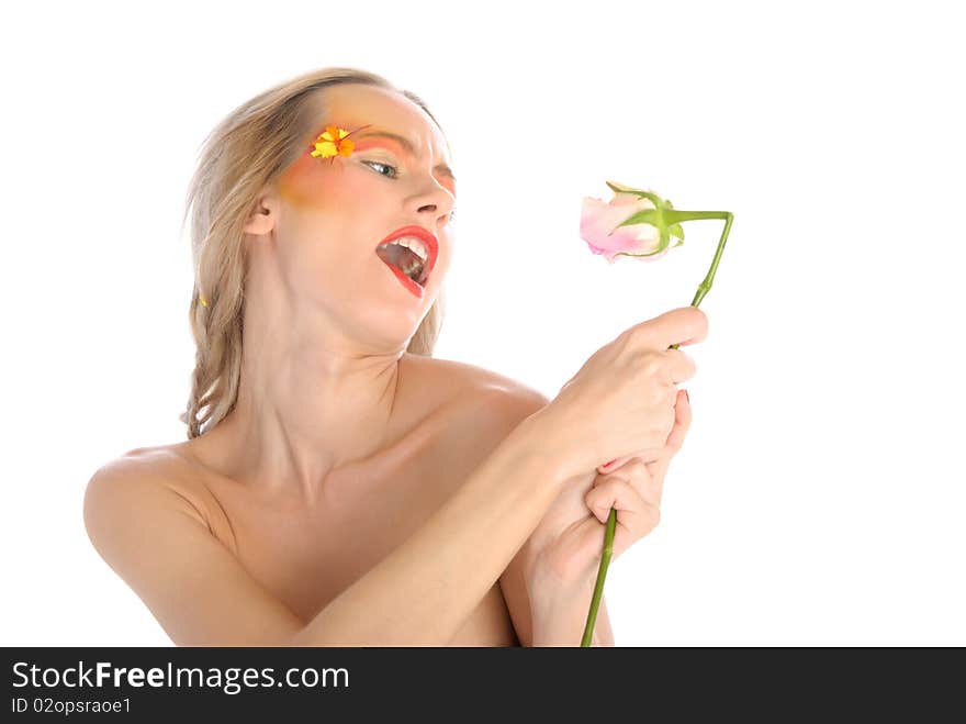 Young woman with flower sings isolated in white