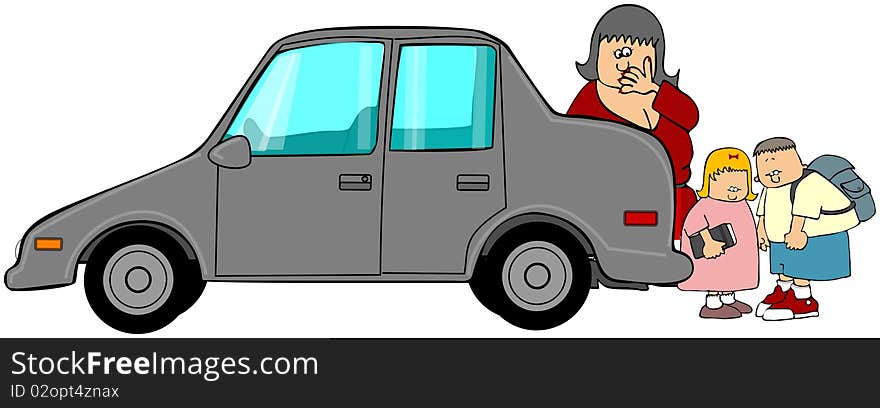 This illustration depicts a surprised woman checking behind her car and finding two small children.