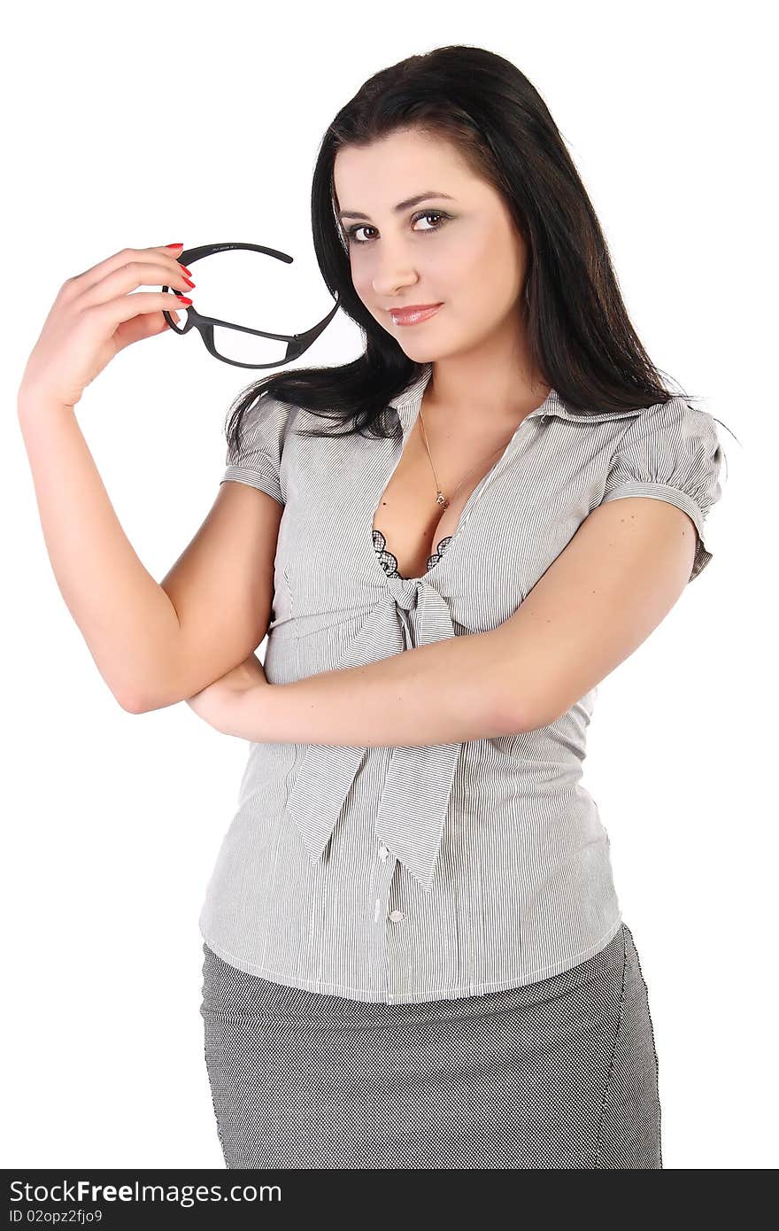 Positive business woman smiling over white background