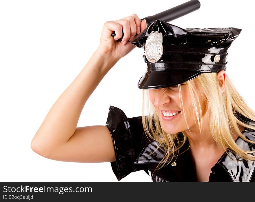 Cute angry policewoman with stick. Cute angry policewoman with stick