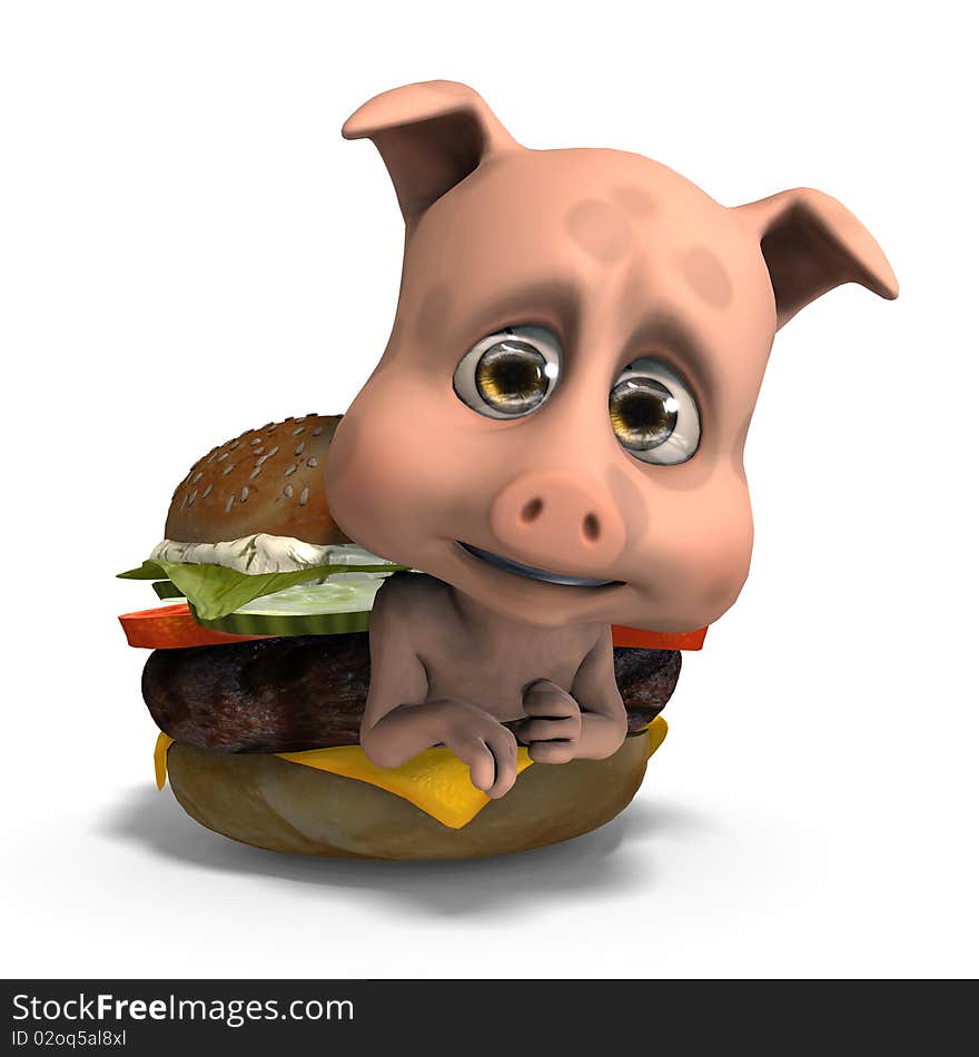 Cute and funny toon pig served in a burger as a