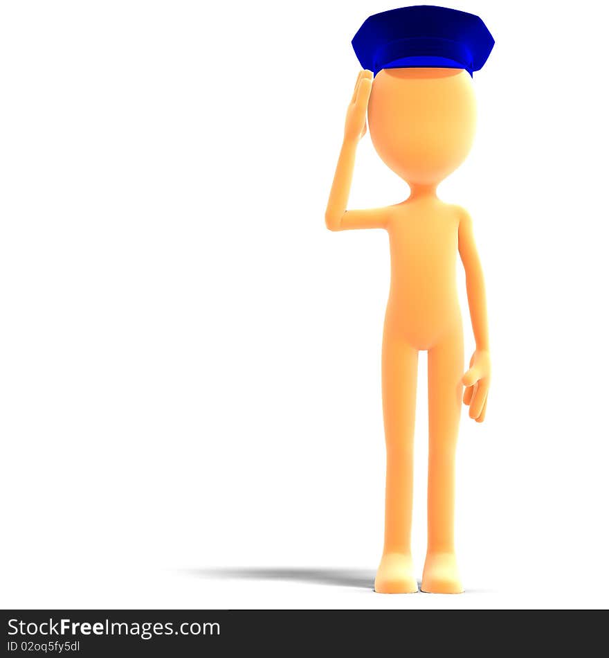 Symbolic 3d male toon character with police hat. 3D rendering with clipping path and shadow over white