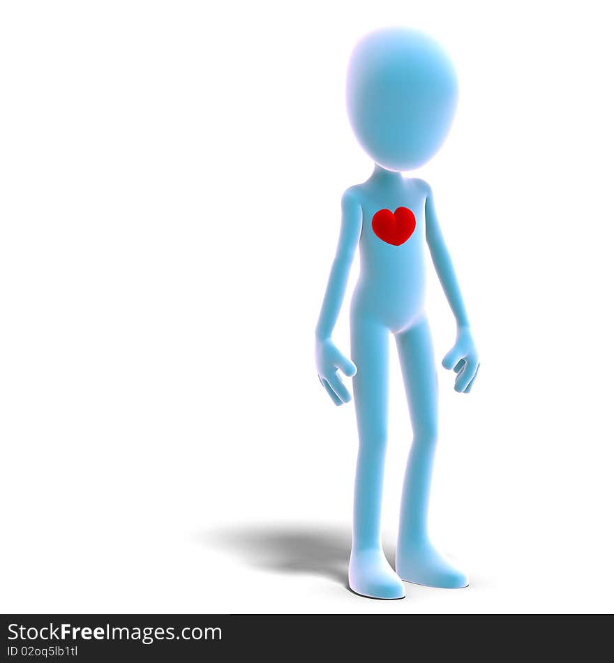 Symbolic 3d male toon character has a heart