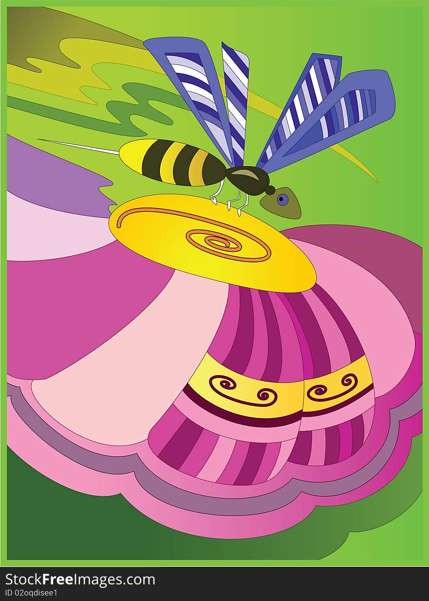 Abstract illustration of a bee flying on chamomile flower. Abstract illustration of a bee flying on chamomile flower