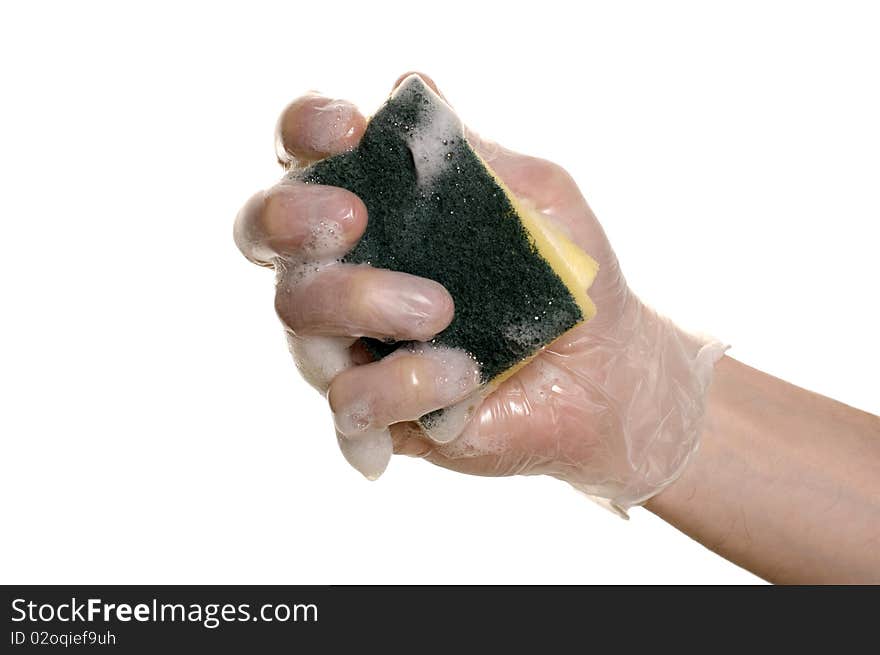 Household sponge in a hand on a white background