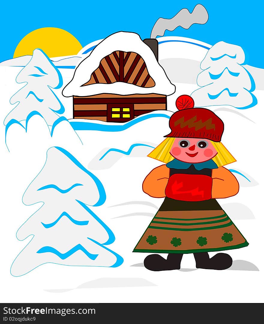 Little  girl outside her house, winter scenery. Little  girl outside her house, winter scenery