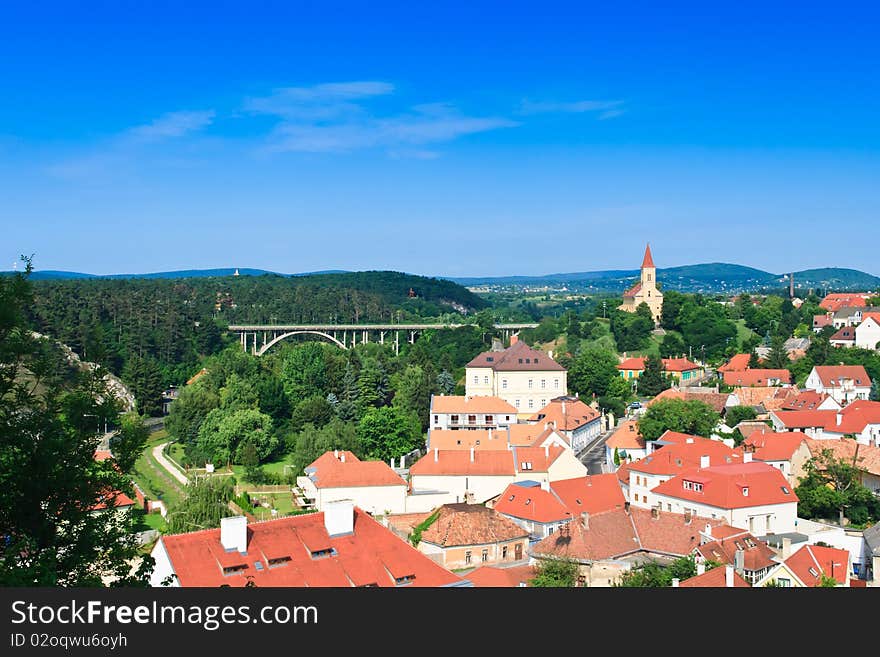 Landscape with a lot of red roof and forest in Veszpr�m