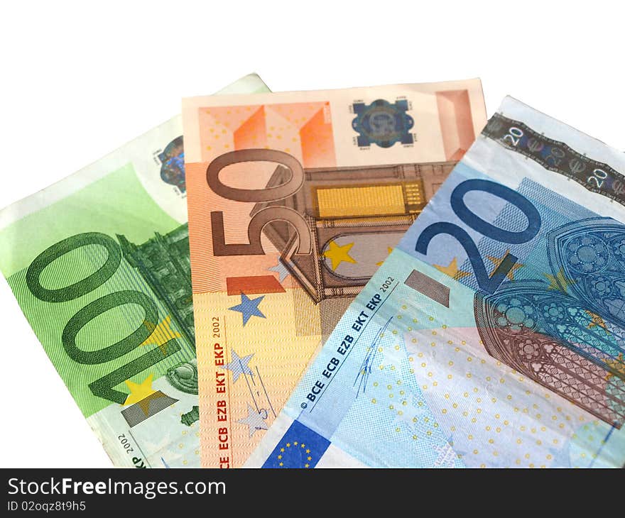 Euro banknotes on a white background