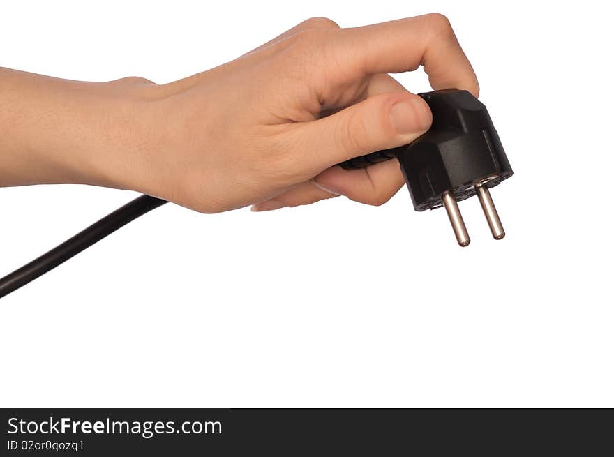 Woman holding black outlet in the hand