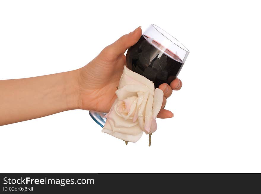 Woman take white rose and glass with red wine