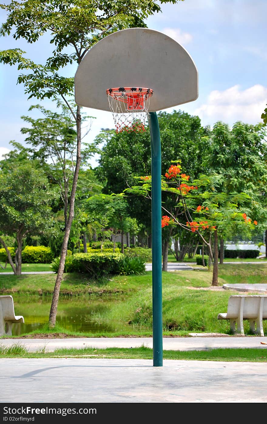 Basket ball hoop in sport court.