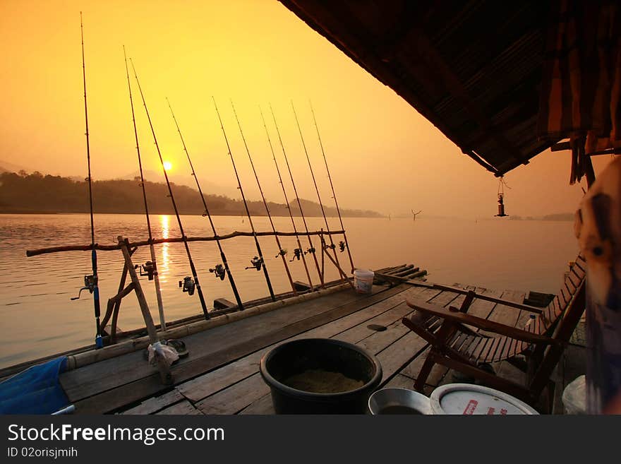 Many rod on the floating house and sunset. Many rod on the floating house and sunset