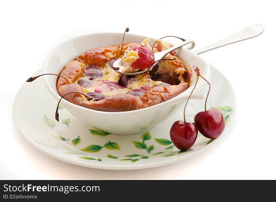 Cherry Pastry in white pan isolated on white. Cherry Pastry in white pan isolated on white