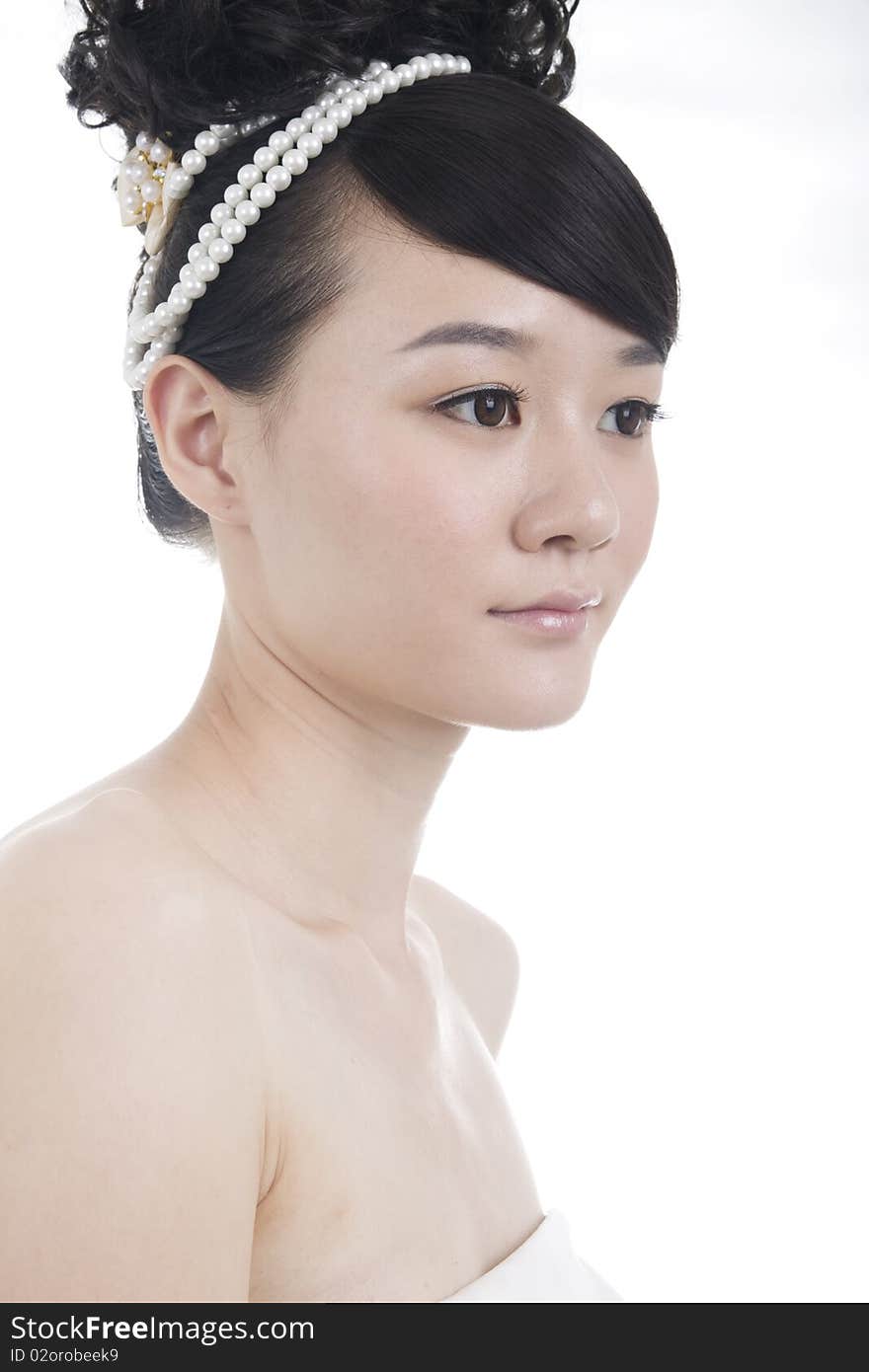 Beautiful bride with perfect natural makeup,headwear on head