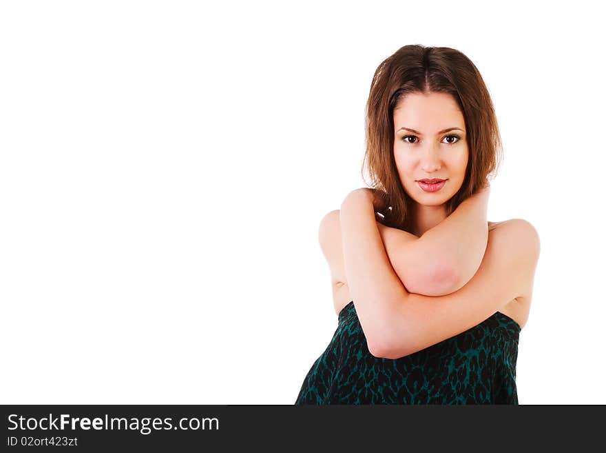 Picture of a young modest beautiful girl in green dress