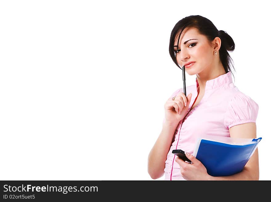 Portrait of a attractive young girl in pink blouse with papers on white background.