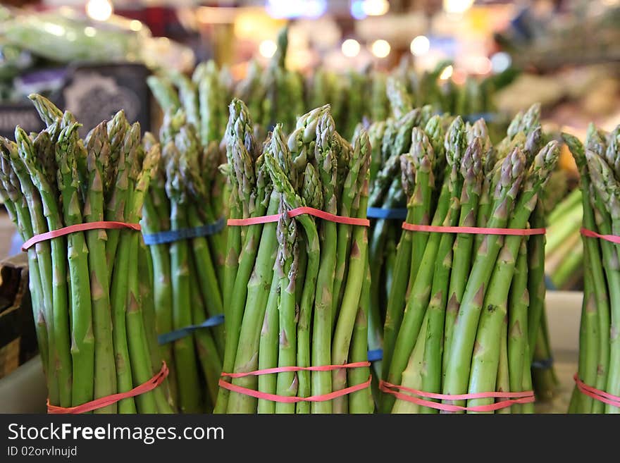 Asparagus bunches in a farmers  market